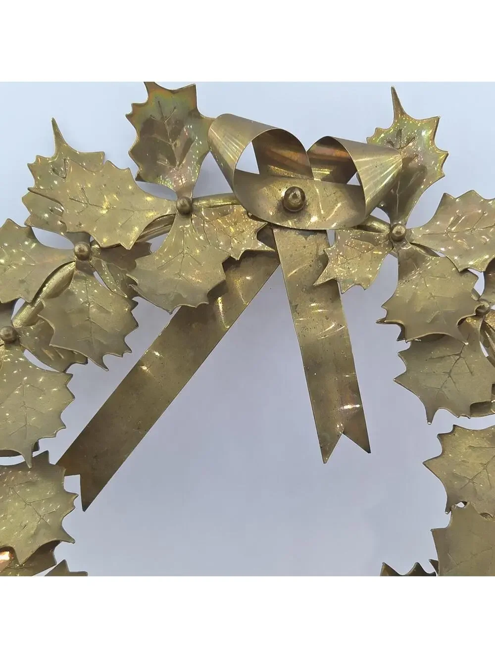 Vintage 1970s Solid Brass Christmas Wreath 15” Montgomery Ward Holly Decor